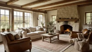 "Cosy countryside cottage living room with stone fireplace, exposed oak beams, cream sofa, leather armchairs, vintage rug, diffused afternoon light and warm decor"