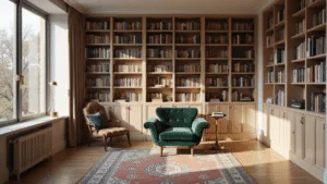 "Cozy home library with white oak shelves full of books, emerald velvet chair, brass floor lamp, vintage Persian rug, and morning sunlight filtering through large windows"