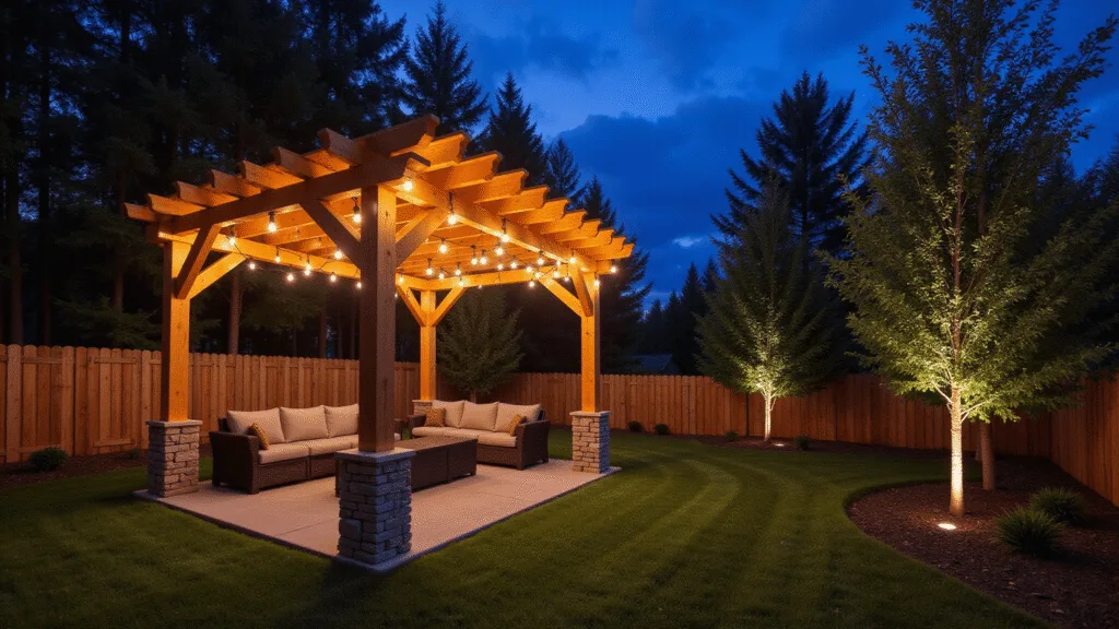 "Cozy backyard pergola under twilight sky, adorned with Edison string lights and plush seating, surrounded by luminescent trees during blue hour"