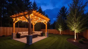 "Cozy backyard pergola under twilight sky, adorned with Edison string lights and plush seating, surrounded by luminescent trees during blue hour"