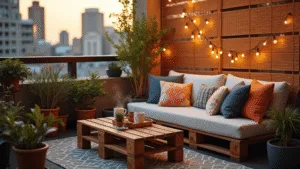 "Bohemian styled urban balcony at sunset with pallet sofa, string lights, plants and city views"