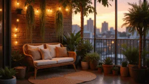 "Cozy urban balcony at sunset with rattan loveseat, hanging plants, string lights, a natural jute rug, and potted succulents creating a warm, intimate atmosphere."
