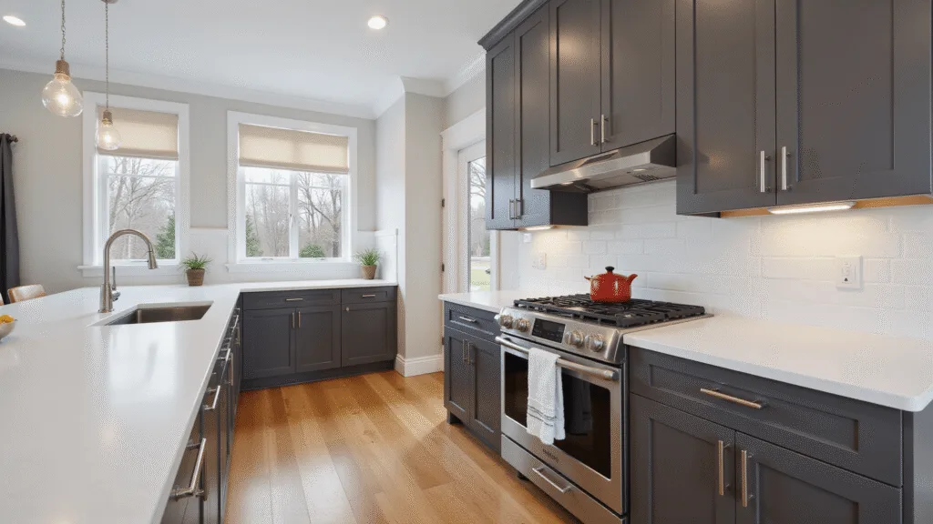 "Modern minimalist kitchen with dark taupe cabinets, white quartz countertops, stainless steel appliances, and natural light streaming through windows creating a warm atmosphere"