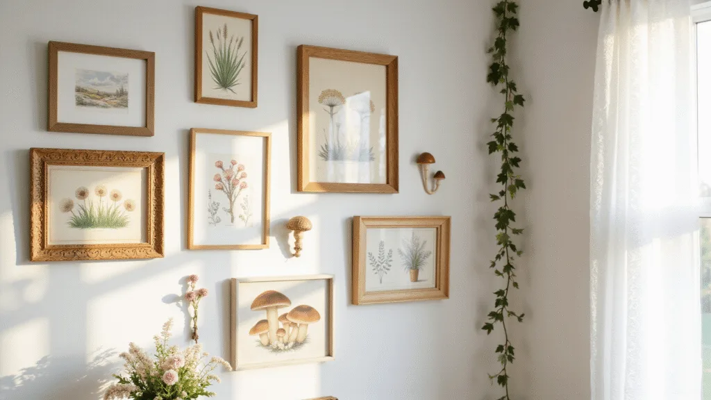 "Vintage botanical prints and wildflower illustrations in wooden frames on a whitewashed wall in morning light"