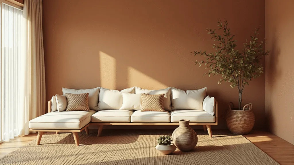 "Sunlit earthy living room with terracotta walls, linen sofa, jute rug, woven baskets, ceramic vases, a fiddle leaf fig, and natural light streaming through sheer curtains during golden hour."