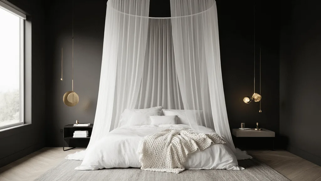 "Elegant modern minimalist black and white bedroom with canopy bed, white linens, textured throws, and golden light streaming in."