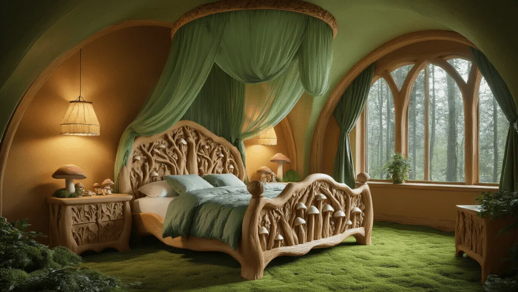 "Dreamy bedroom with hand-carved oak bed featuring mushroom and leaf motifs, green canopy, amber walls, and twilight glow lighting"
