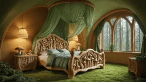"Dreamy bedroom with hand-carved oak bed featuring mushroom and leaf motifs, green canopy, amber walls, and twilight glow lighting"
