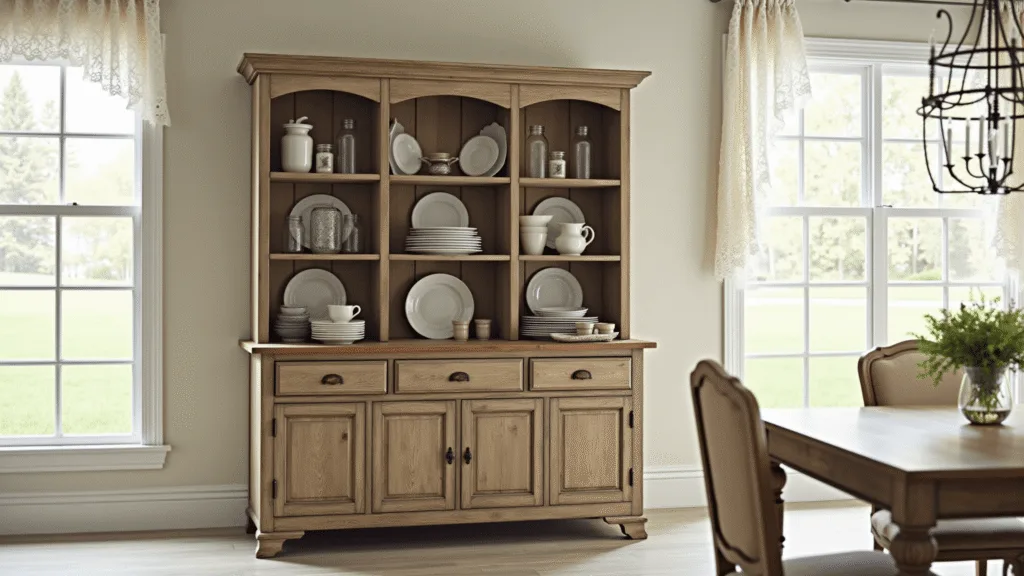 "Rustic farmhouse kitchen hutch made of reclaimed wood, filled with vintage dishes and mason jars, under soft morning light"