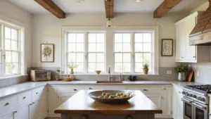 "Sunny farmhouse kitchen with white shaker cabinets, butcher block island, copper sink, exposed beams, vintage accessories, and natural textures"