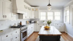 "White shaker cabinets and a reclaimed wood island in a farmhouse-style kitchen, with natural light streaming through the windows, vintage brass hardware, and marble countertops on a clean background."