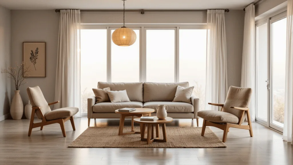 "Serene japandi-style minimalist living room with neutral toned furniture, wooden accessories, sheer curtains, and small art accents"