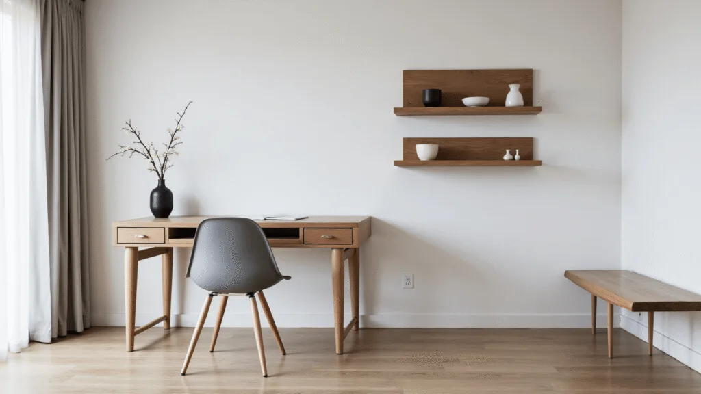 "Minimalist Japandi home office with wooden desk, gray chair, floating shelves, ceramics, and cherry blossom in black vase"