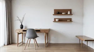 "Minimalist Japandi home office with wooden desk, gray chair, floating shelves, ceramics, and cherry blossom in black vase"