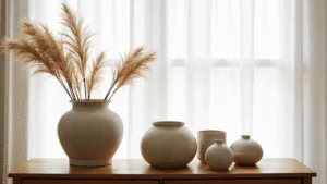 "Japandi style ceramic vases on an oak console, complemented by dried pampas grass and natural sunlight streaming through sheer curtains in a minimalist room with earthy tones."