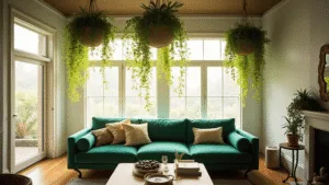 "Bright living room with hanging pothos plants in macramé holders, sunlit windows, and an emerald velvet sofa"