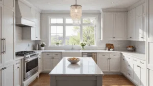"Luxurious white kitchen with Carrara marble countertops, polished nickel hardware, bay windows, crystal chandelier, and high-end stainless steel appliances"