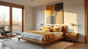 "Mid-century modern bedroom with walnut platform bed, mustard throws, abstract artwork and Eames chair in warm natural lighting"