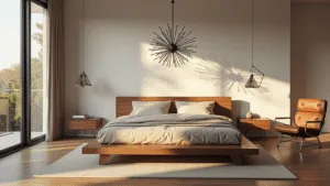 "Mid-century modern bedroom with walnut platform bed, Eames chair, sputnik chandelier, and sunlight streaming through floor-to-ceiling windows"