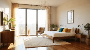 "Mid-century modern bedroom with walnut platform bed, Eames lounge chair, sputnik chandelier, and sunlit sheer curtains"