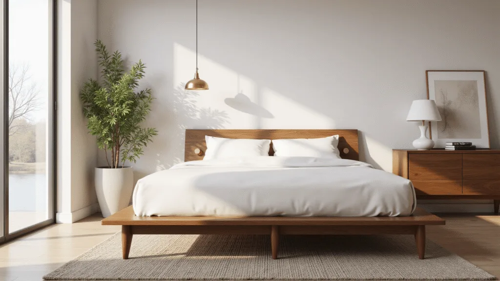 "Mid-century modern bedroom with walnut king-size bed and floor-to-ceiling windows letting in natural light"