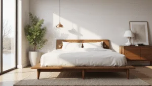 "Mid-century modern bedroom with walnut king-size bed and floor-to-ceiling windows letting in natural light"
