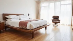 "Mid-century modern bedroom with walnut platform bed, teak dresser, Eames chair, and morning light through sheer curtains"