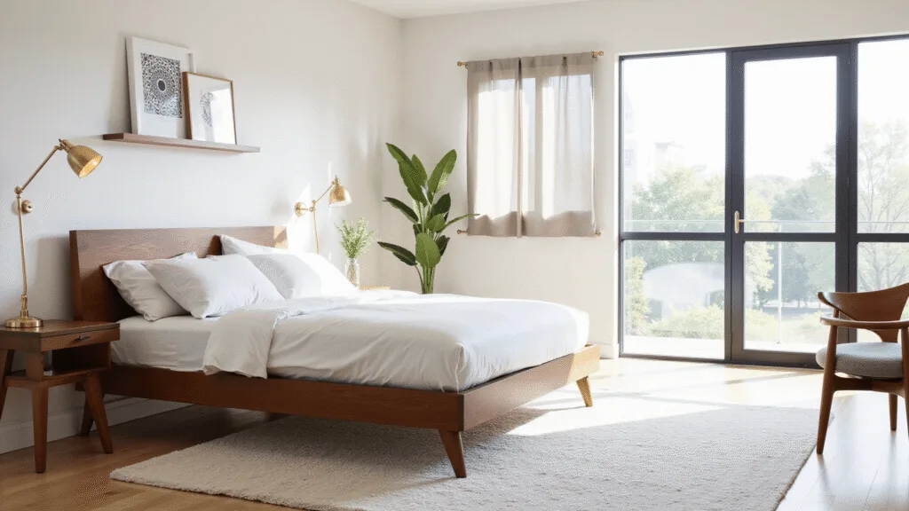 "Sunlit mid-century modern bedroom with walnut platform bed, clean white linens, brass accents, and floor-to-ceiling windows"