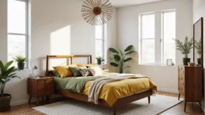 "Sunlit mid-century modern bedroom with mustard and olive green linens, walnut furniture, and a Sputnik chandelier"