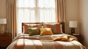 "Sunlit mid-century modern bedroom with geometric bedding in earth tones and walnut furniture accents"