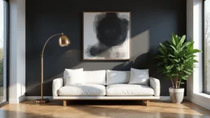 "Modern minimalist living room with black accent wall, white leather sofa, brass lamp, wood flooring, abstract art, and green plants in soft afternoon light"
