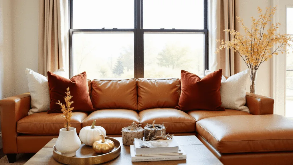 "Modern living room with cognac leather sectional, velvet pillows, and warm lighting, featuring dried botanicals and autumn-themed decor on coffee table."