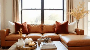 "Modern living room with cognac leather sectional, velvet pillows, and warm lighting, featuring dried botanicals and autumn-themed decor on coffee table."