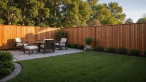 "Modern backyard at golden hour with cedar fence, lush greenery, string lights, and contemporary outdoor furniture"