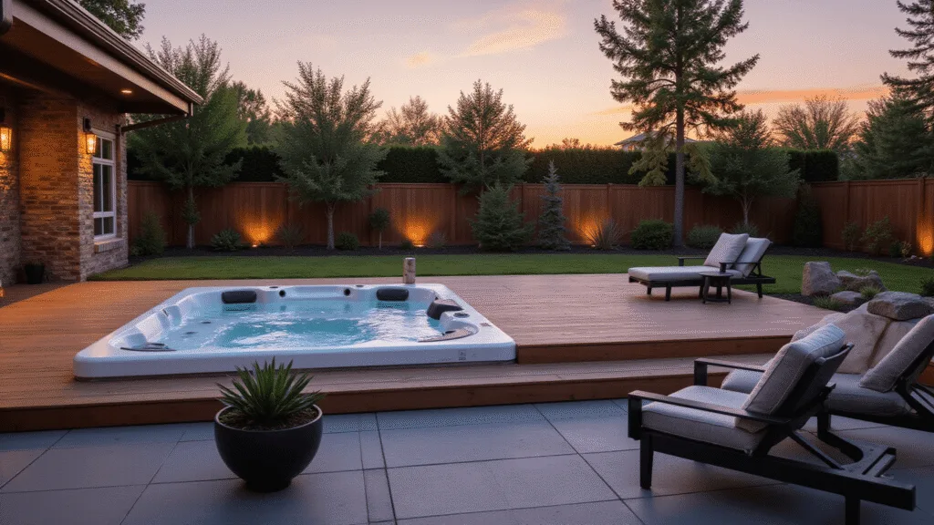 "Modern backyard with rectangular hot tub, cedar deck, ambient lighting, and potted succulents at sunset"