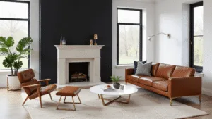 "Modern living room with black accent wall, cognac leather sofa, limestone fireplace, brass accents, and fiddle leaf fig plant in bright, airy setting."