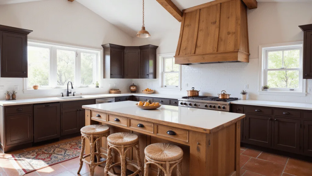 "Sunlit modern farmhouse kitchen with espresso cabinets, white quartz countertops, and weathered island on terracotta tiles"