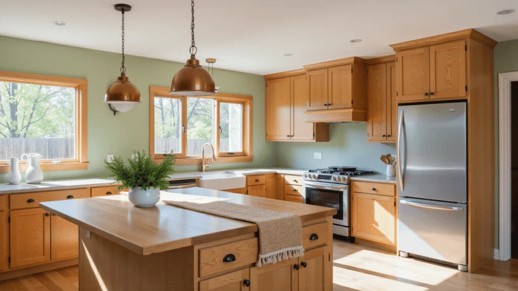 "Sunlit farmhouse kitchen with golden oak cabinets, sage green walls, and copper pendant lights"