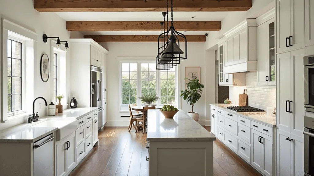 "Modern farmhouse kitchen with white shaker cabinets, marble countertops, rustic wood beams, black hardware, farmhouse sink, and natural morning light."