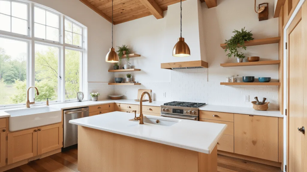 "Sunlit modern farmhouse kitchen with light maple cabinets, white subway tile backsplash, stainless steel appliances and central island with farmhouse sink"
