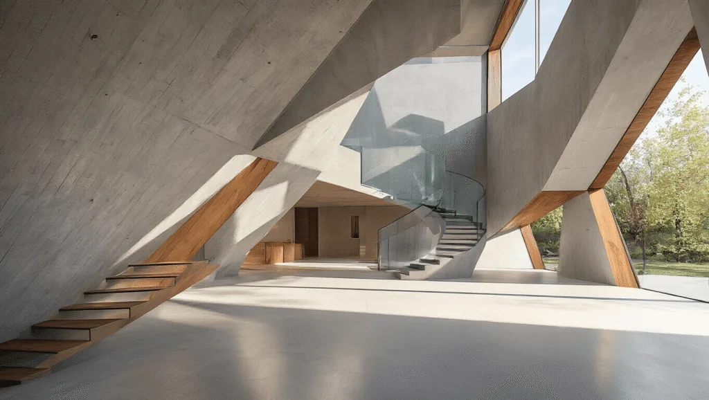"Modern minimalist cubist home with floor-to-ceiling windows, concrete walls, and wooden accents, featuring a spiral glass staircase with dramatic sunlight casting shadows."