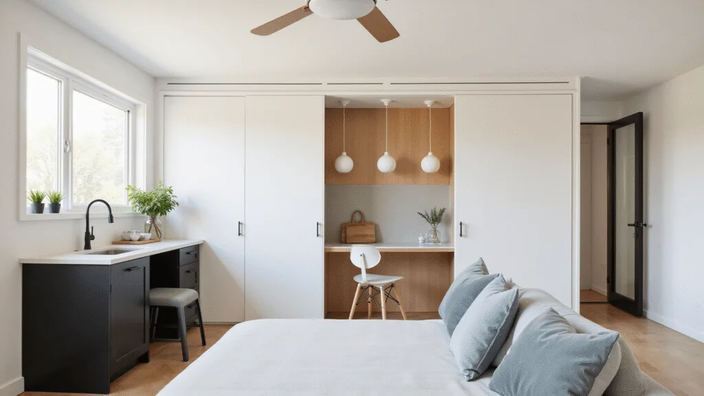 "Interior of a modern backyard guesthouse with natural light, Murphy bed, matte black kitchenette, minimalist decor in white and warm wood tones, and sage plants"