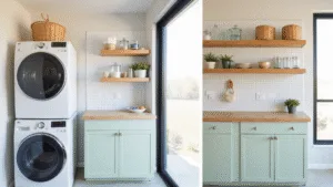 "Modern laundry room featuring stacked washer-dryer, white pegboard wall, wooden shelves, mint green cabinets, and morning light shining through a window"