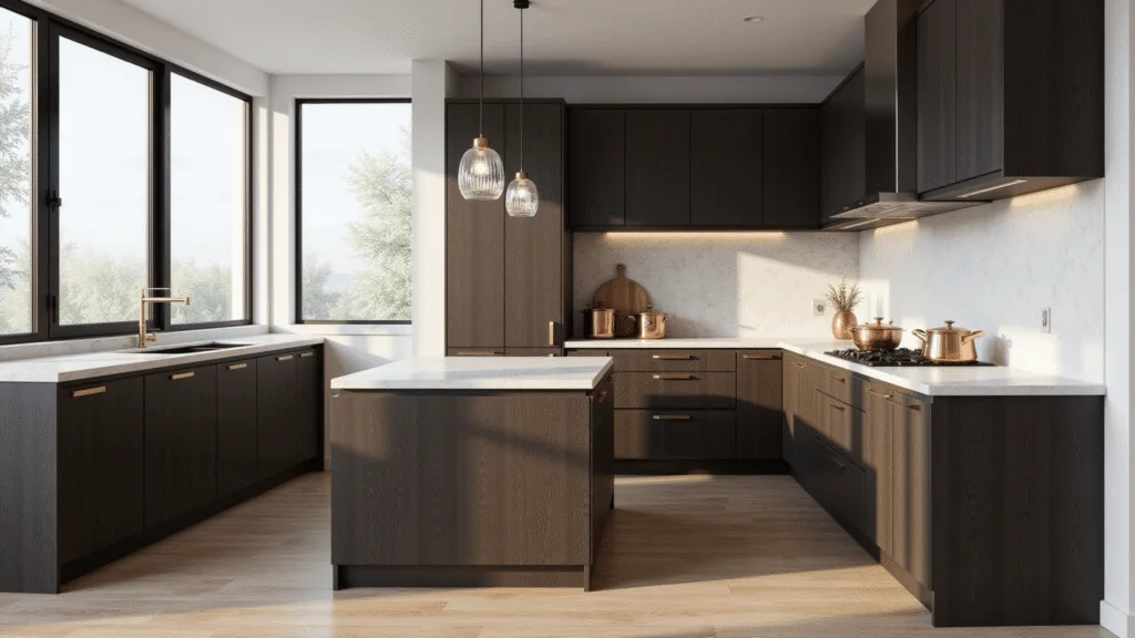 "Sunlit modern luxury kitchen with dark cabinets, white quartz countertops, large island, brass hardware, and crystal pendant lights"