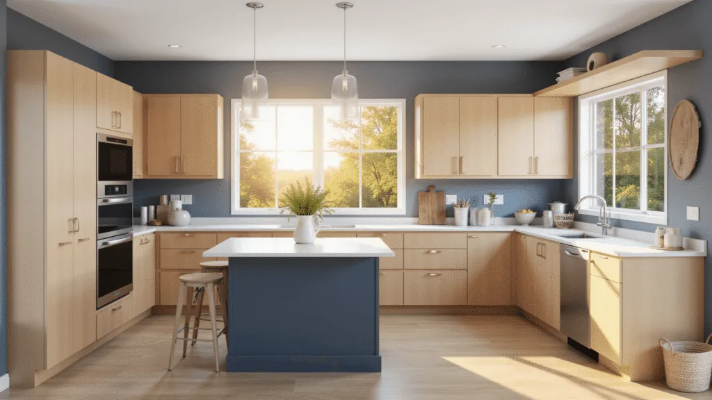 "Modern kitchen interior with maple cabinets, white quartz countertops, navy blue accent wall bathed in golden hour sunlight, and stainless steel appliances"