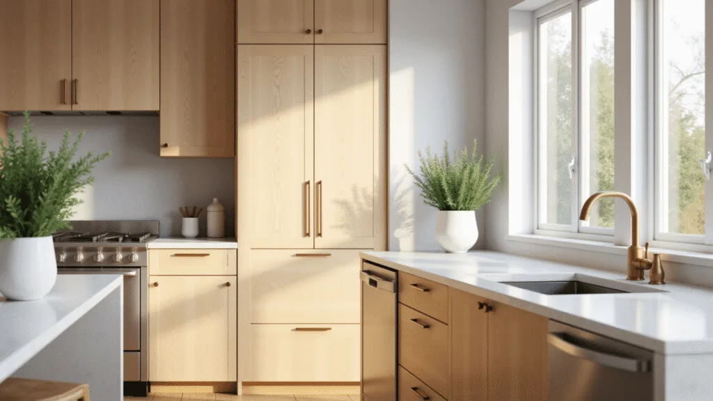 "Bright modern kitchen with maple cabinets, white quartz countertops, and warm morning sunlight"