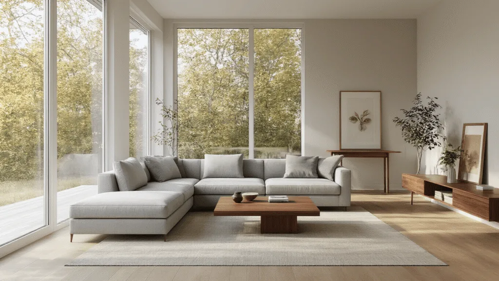 "Modern minimalist living room with light gray sectional, walnut coffee table and oak floors, filled with natural light from floor-to-ceiling windows"