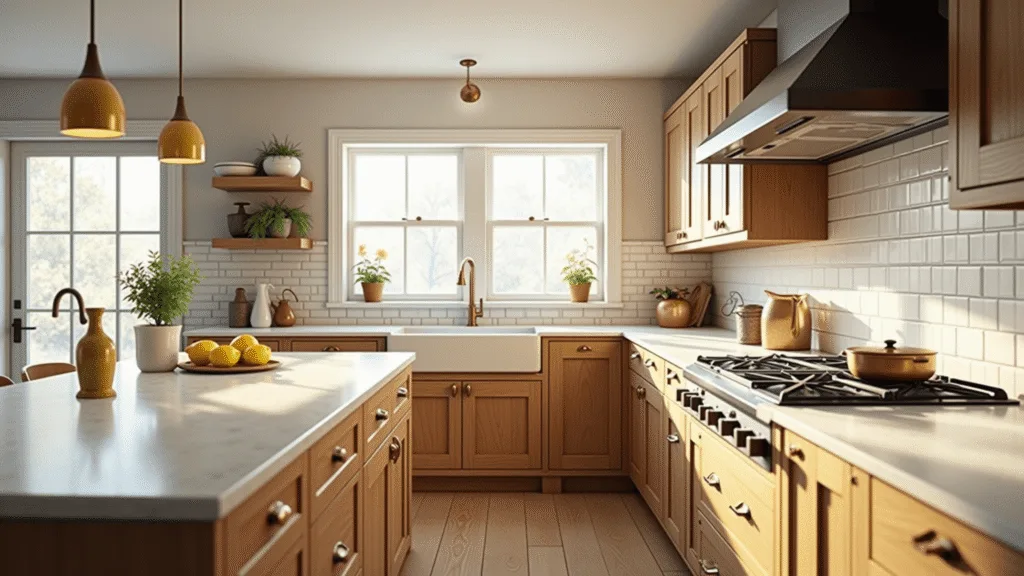 "Sunlit modern farmhouse kitchen with honey oak Shaker-style cabinets, white quartz countertops, brass hardware, subway tile backsplash, central island, and decorative copper cookware."