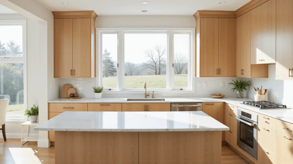 "Modern kitchen with light oak cabinets, white marble island, and morning sunlight filtering through large windows"