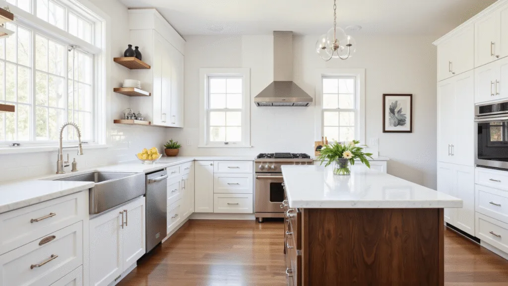"Bright, modern kitchen with white Shaker cabinets, walnut island, farmhouse sink, and natural light"
